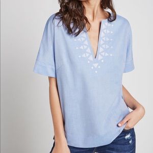 Boxy Embroidered Short Sleeve Chambray Top